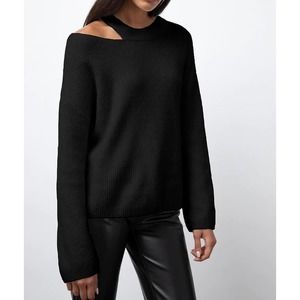 RAILS Sweater Women Medium Black Alexi Shoulder Cutout Ribbed Bell Sleeve Fuzzy